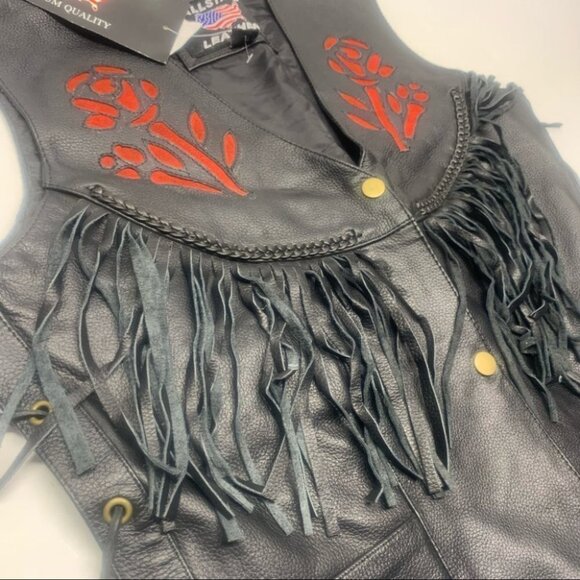 . NWT Leather Rose Motorcycle Jacket Fringe Black - Picture 3 of 14